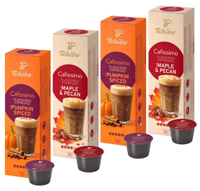Produktbild von Tchibo Cafissimo Kaffeekapseln, Probierset Herbst Flavours, 40 Stück Limited Edition, herbstliche Geschmacksvielfalt von ausdrucksstarken Espresso mit Ahortsirup und Pumpkin Spice