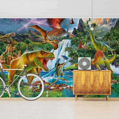 Produktbild von Fototapete Tiere - Vliestapete - Bildtapete UV-beständig Dinosaurier bunt Illustration Wandtapete geruchsfrei