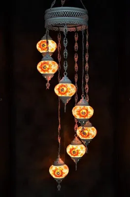 Produktbild von Hanglamp mit buntem Glas-Mosaik im orientalischen Stil, 7-globig, handgefertigt in der Türkei, cremeweiß