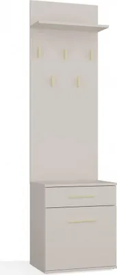 A freestanding hall unit with a shelf, coat hooks, and a cabinet with two drawers.