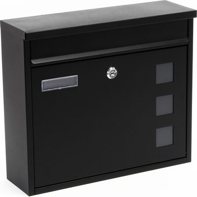 Wiltec Briefkasten V12 schwarz 360 x 115 x 315 mm, Wandbriefkasten mit Schloss, Sichtfenstern und Namensschild, Postkasten aus Stahl galvanisiert