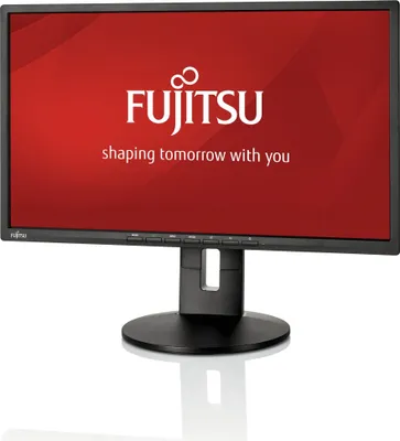 A Fujitsu monitor is displayed on a white background with its screen showing the Fujitsu logo and slogan.