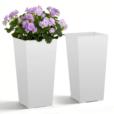 Produktbild von Pflanzkübel & Blumentopf - 2er-Set, 30 x 30 x 55 cm - Mit Innentopf - Mit Drainagelöchern - Aus PP-Kunststoff - Für Innen & Außen - Weiß