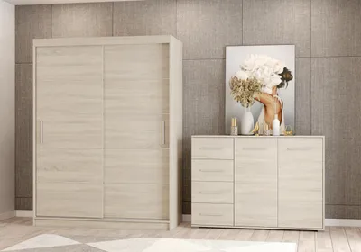 Produktbild von 2er-Set Schwebetürenschrank Schrank Kleiderschrank mit Zierleisten Sonoma/Sonoma 150cm Vista 06 mit Kommode 135cm FRIDA 01