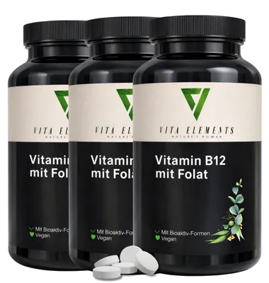 Produktbild von Vita Elements Vitamin B12 mit Folsäure 3er Set 180 Tabletten Energiestoffwechsel Nahrungsergänzungsmittel