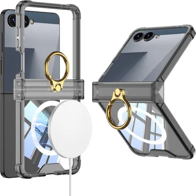 Produktbild von Hülle für Samsung Galaxy Z Flip 7 Scharnierschutz Transparente Stoßfest Schutzhülle mit Displayschutz und Ring, Kompatibel mit Magsafe Schwarz