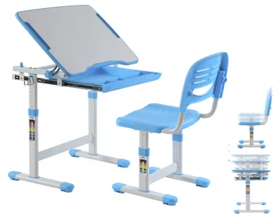 A blue and white adjustable desk and chair set for children, shown against a white background.