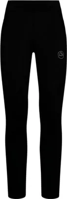 Schwarze eng anliegende Hose mit elastischem Bund und kleinem weißen La Sportiva Logo auf dem Oberschenkel