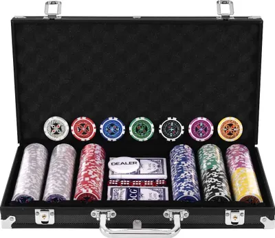 Produktbild von Poker-Set mit 300 Poker Chips, Pokerset Koffer Profi,Pokerkoffer aus Alu, Pokerspiel mit 1 Dealer Button, 5 Würfel und 2 Kartendecks (Schwarz)
