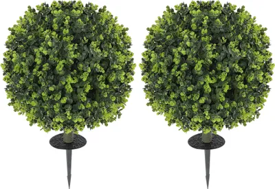 Zdjęcie produktu dla HOMCOM Zestaw 2 sztucznych kul bukszpanowych, sztuczna roślina 40 cm z kolcem do wbijania w ziemię, sztuczne rośliny, plastik imitujący prawdziwą dekorację z ochroną UV do salonu, sypialni, biura, ogrodu