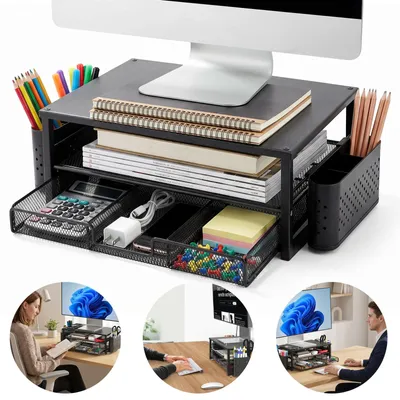 Imagen del producto de Soporte para monitor con cajón - Elevador de monitor con ventilación - Almacenamiento de dos niveles - 2 portabolígrafos - Organizador de escritorio - Negro
