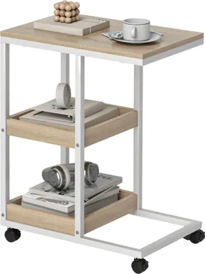 Image de Table d'appoint/table basse - Forme en C - Avec roulettes - Deux tablettes ouvertes - Structure métallique - 51 x 33 x 66 cm - Naturel/Blanc