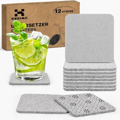 Filzuntersetzer 12er-Pack, quadratisch, hellgrau, rutschfest