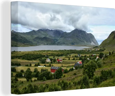 Produktbild von OneMillionCanvasses® - Leinwandbilder - 140x90 cm, Bauernhof - Wasser - Berge, Wandbilder Kunstdruck Wanddekoration - Foto auf Leinwand - Gemälde auf Holzrahmen