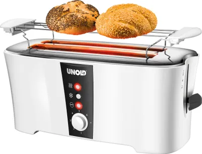 Unold Design Dual: Weißer Toaster mit 2 Brötchenwärmern, Tasten, Drehregler & seitlichem Hebel.
