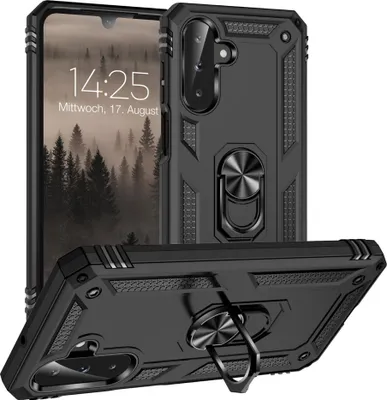 A black rugged phone case with a ring holder is shown from multiple angles, with a phone screen visible in the background.