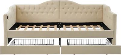 Produktbild von Polsterbett 90x200cm Daybett (Ohne Matratze) Samt Beige Schlafsofa Stauraumbett Einzelbett Jugendbett Mit USB Typ C Ladefunktion und 2 Schubladen