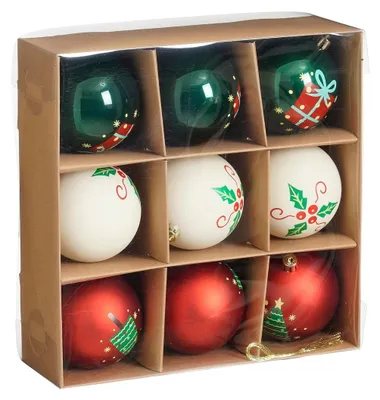 Obrázok produktu pre Sľudové ozdoby Vianočné ozdoby - 9 kusov - Ø8 cm - nerozbitné - biela, červená, zelená