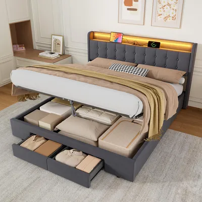 Image de okwish lit rembourré 180x200 lit pour adolescent/enfant avec coffre de lit et éclairage LED, lit de rangement type boxspring avec tiroirs et prises électriques, gris (sans matelas)