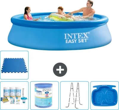Produktbild von Intex runder aufblasbarer Easy Set-Pool – 305 x 76 cm – Blau – im Lieferumfang enthalten Wartungspaket - Filter - Leiter - Fußbad - Bodenfliesen