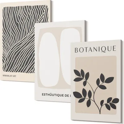 Produktbild von Leinwandbild – Wandbild – Leinwandbilder – Kunstdruck – Polycanvas – Modern – Mehrteilig – 3-Teilig Set – Hochwertig – Geruchslos – Lichtecht – Fertig Aufgespannt – 20x30 Cm Je Teil - Blumenmuster und minimalistische Linien in neutralen Farben