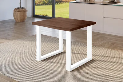 Produktbild von Esstisch 80x80 cm Baumkante Holz Nussbaum-Optik U-Gestell Metall weiß JULIUS