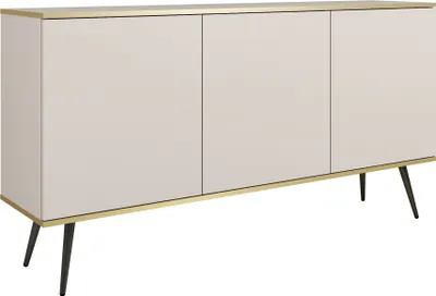 Produktbild von Sideboard 160 cm Rodi mit Beinen - Dreitürige Kommode, gold Accessoires, Wohnzimmerkommode - Beige + Schwarz