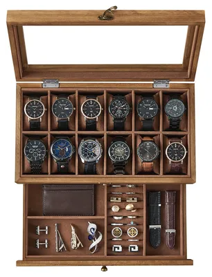 Produktbild von SONGMICS Uhrenbox mit 12 Fächern, aus Massivholz, mit Glasdeckel – Walnussfarben