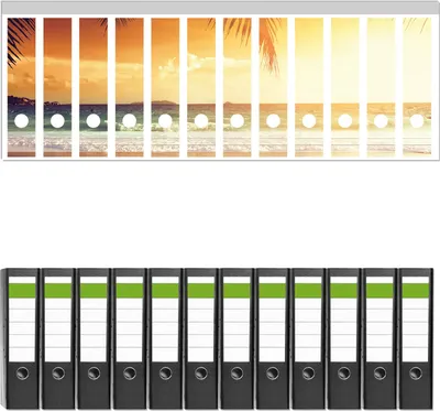 Produktbild von Wallario 12 Stück breite Ordner inkl. Klebeetiketten mit Motive Sonnenuntergang am Strand in der Karibik -  Set mit Rückenschildern / Ordnerrücken Stickern