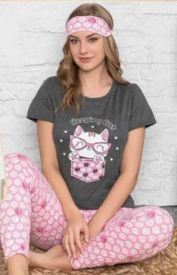 Produktbild von Damen Pyjama Schlafanzug Grau XL Kurz 3-Teiler Set mit Augenband S-82