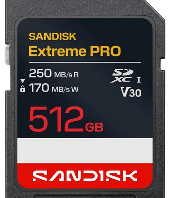 Zdjęcie produktu dla SanDisk Extreme Pro, 512 GB, SDXC, UHS-I, 250 MB/s, 170 MB/s, V30