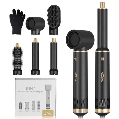 Produktbild von UKLISS 5-in-1-Haarstyler Pro, 1000 W, mit Föhn-, Locken-, Rundbürsten- und Glättaufsatz, Schwarz-Gold
