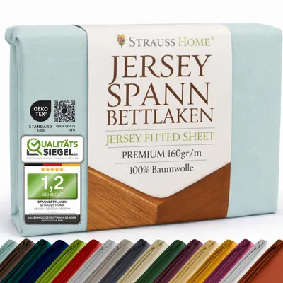 Produktbild von Strauss Home® Premium Spannbettlaken – 160 g/m² Gekämmte Baumwolle – Jersey in Hotelqualität – Formstabil & Langlebig – Rundumgummi – Für Matratzen bis 27 cm – 180x200-200x200 cm - Mint / Hellblau