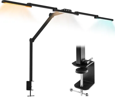 A black adjustable desk lamp with multiple light settings, clamped to a surface.