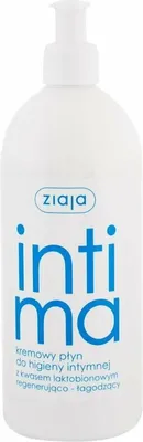 A white bottle of intimate hygiene liquid with a pump dispenser.
