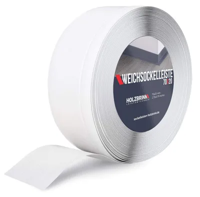 Produktbild von HOLZBRINK Weichsockelleiste PVC 70x20mm, 5 m | Winkelleiste ohne Klebestreifen für Kantenschutz Wand | Sockelleisten Ecken | Farbe: Weiß