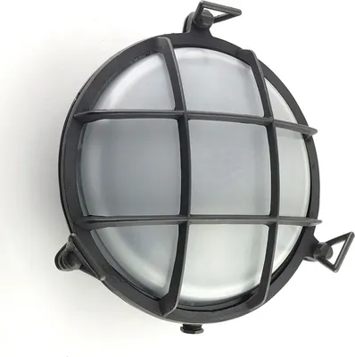 Produktbild von Wandlampe außen Messing massiv Glas D: 24 cm rund IP64 Schwarz antik Weiß E27 Maritim Kellerlampe