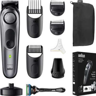 A collection of grooming tools and accessories, including a beard trimmer, various attachments, a razor, and a storage pouch, laid out against a white background.