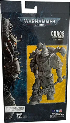 The back of a Warhammer 40,000 Chaos Space Marine action figure box. The box features artwork of a Chaos Space Marine and product details.