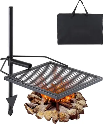 Produktbild von Drehspieß-Schwenkgrill aus Stahl - 405 x 405 mm - Holzkohlegrill tragbar mit Grillrost und Gestell - Belastbarkeit 6 kg - Hitzebeständig bis 300 ℃ - Freistehender Spießbratengrill - BBQ Grillwagen für Barbecue und Camping