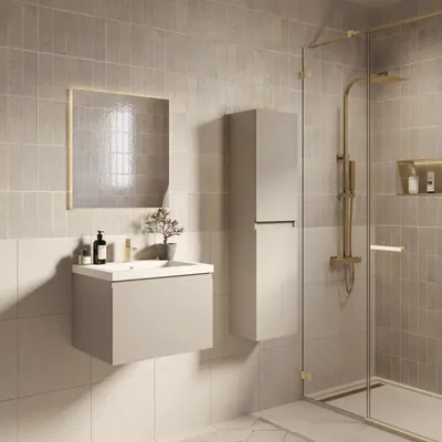 Produktbild von LOMAZOO Badmöbelset SORRENTO 60 cm - Mit Hochschrank - Greige - Waschbecken Weiß