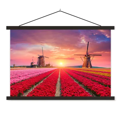 Produktbild von MuchoWow® Textilposter Blumen - Windmühle - Tulpen - Sonnenuntergang - Rosa 60x40 cm mit schwarzem Rahmen - Hölzernes