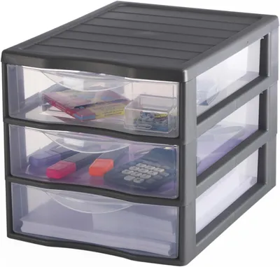 Produktbild von Kunststoff-Schubladenschrank – Aufbewahrungsturm für Schubladen – Bürostaurung – Stapelbar und kombinierbar – 3 A4-Schubladen – Transparent