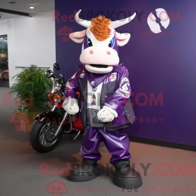 Produktbild von Maskottchen REDBROKOLY einer lila Hereford-Kuh mit Motorradjacke und Schlüsselanhängern
