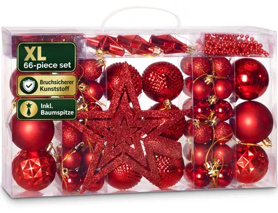 Produktbild von DEUBA® Weihnachstkugeln 66tlg Ø 3-6cm Kunststoff matt glänzend Christbaumkugeln Christbaumschmuck Anhänger Weihnachtsbaumkugeln Weihnachtsdeko Rot, KI-generiertes Bild