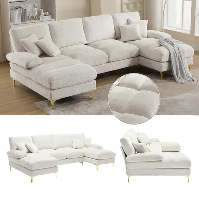 Immagine prodotto di LVHOM Divano angolare a U, set di divani con gambe in metallo dorato, divano da salotto set di divani angolari, 4 posti, 272x88x136 cm, beige