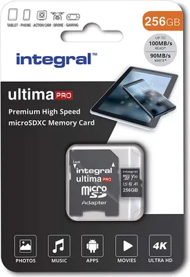 Immagine prodotto di Scheda Micro SD Integral e256GB MicroSDXC UHS-1 U3 Cl10 V30 A1 Fino a 100 Mbs in lettura 50 Mbs in scrittura