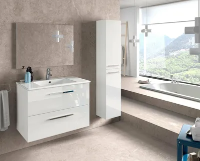 Produktbild von Badezimmersäule Alexandria, Säulenschrank für Badezimmer mit 2 Türen, Hängeschrank mit 2 Einlegeböden, 30x25h150 cm, Glänzend Weiß