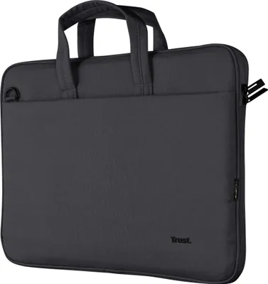 Zdjęcie produktu dla Torba ekologiczna Trust Bologna Slim na laptopa do 16 cali wykonana z plastiku pochodzącego z recyklingu, z paskiem na ramię, zrównoważona torba na ramię do podróży, biznesu, biura, szkoły - czarna