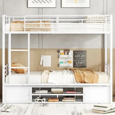 A white metal bunk bed with storage drawers and shelves underneath, set up in a room with decorative items on the wall.